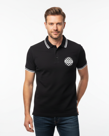Male model wearing black checkerboard Lambretta polo - front