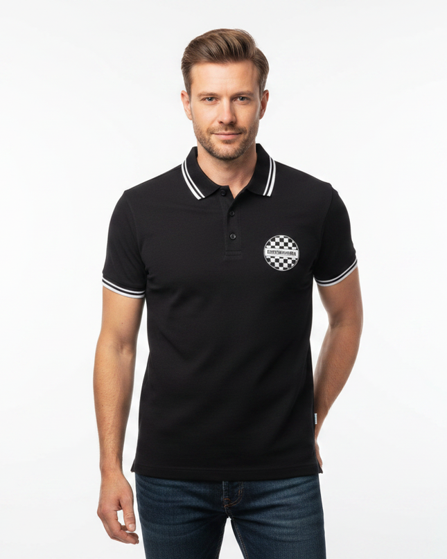 Male model wearing black checkerboard Lambretta polo - front