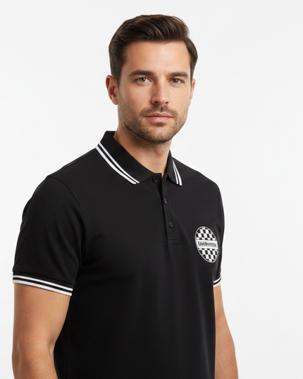 Male model wearing black checkerboard Lambretta polo - side