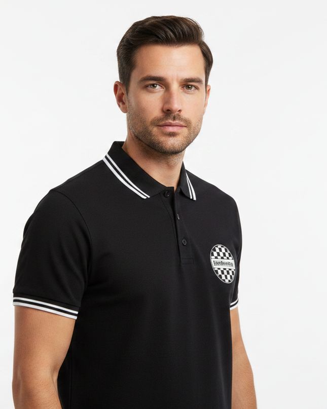 Male model wearing black checkerboard Lambretta polo - side