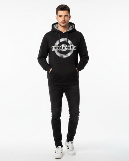 Male model wearing black Lambretta checkerboard hoodie