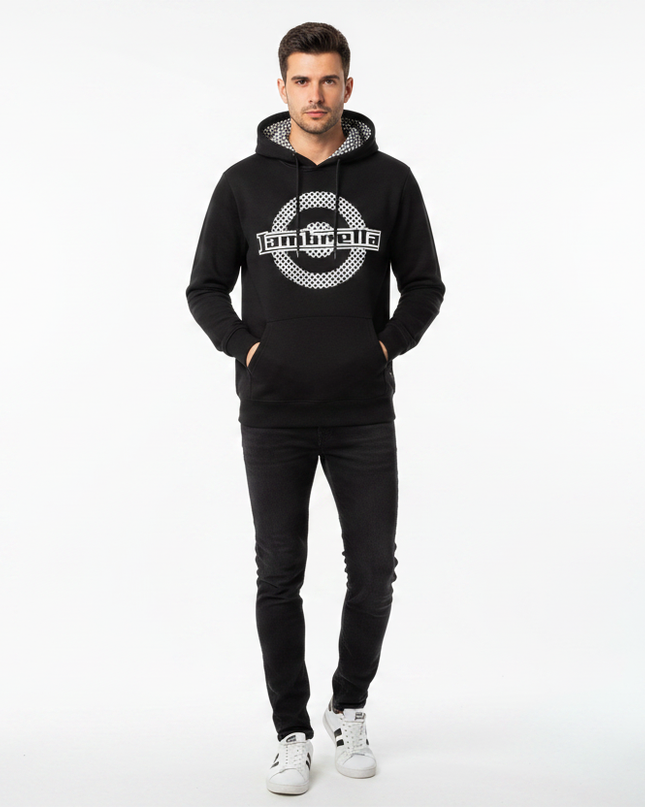 Male model wearing black Lambretta checkerboard hoodie