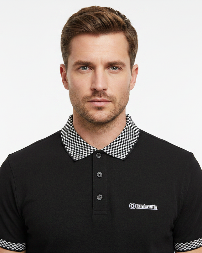 Male model wearing black Lambretta checkerboard polo - front