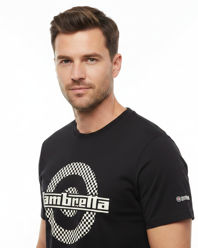 Male model wearing black Lambretta checkerboard target tee - side