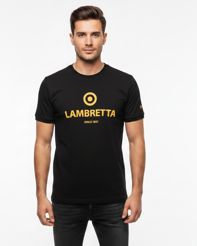 Male model wearing black Lambretta t-shirt with plain neck
