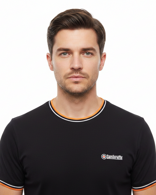 Lambretta Tripple Tiped Pique Tee in Black (White/Orange) 