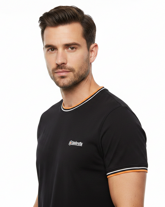 Lambretta Tripple Tiped Pique Tee in Black (White/Orange) - 353