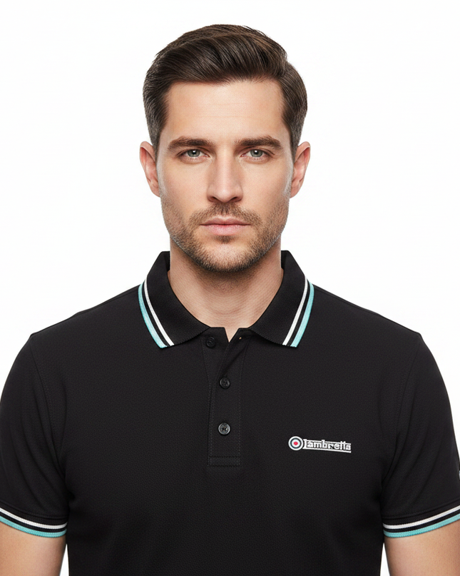 Male model wearing black & mint Lambretta polo - front