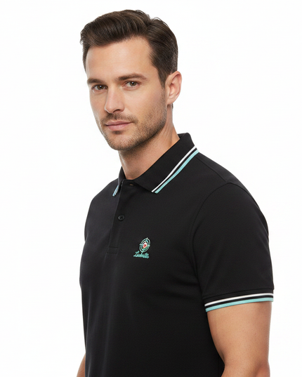 Male model wearing black & mint Lambretta polo - side