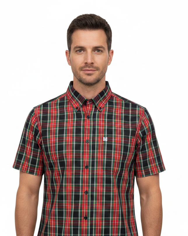 Male model wearing black, red & green Lambretta check shirt - front