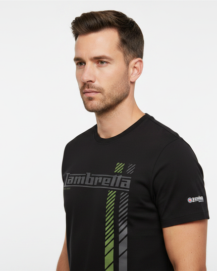 Male model wearing black & sage Lambretta graphic tee - side