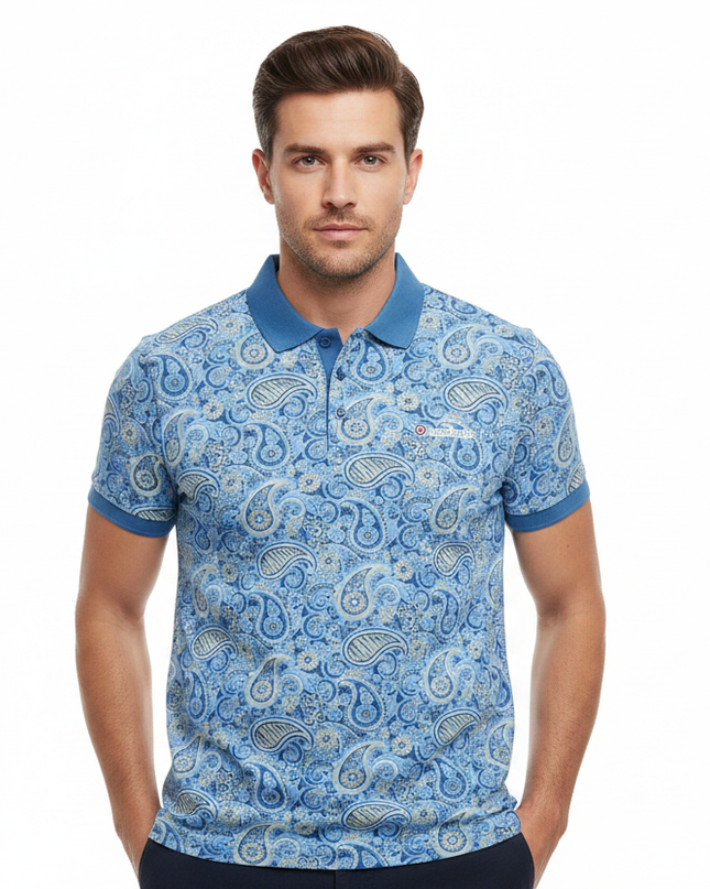 Male model wearing blue paisley Lambretta polo - front