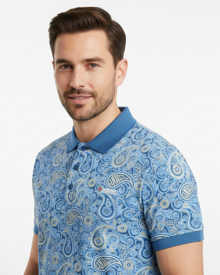 Male model wearing blue paisley Lambretta polo - side