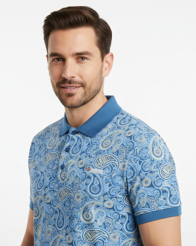 Male model wearing blue paisley Lambretta polo - side