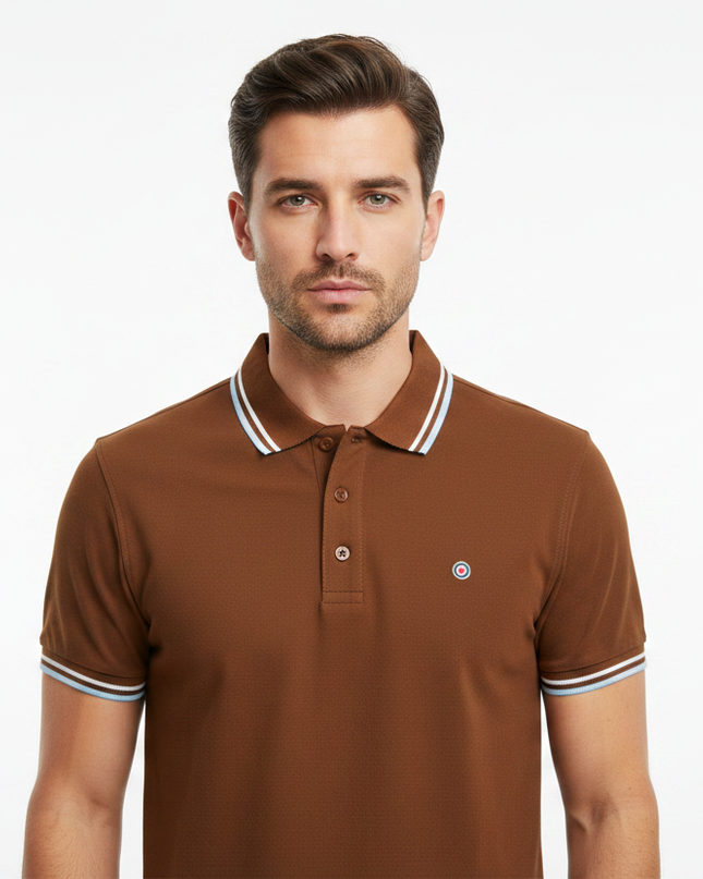 Male model wearing brown & light blue Lambretta polo - front