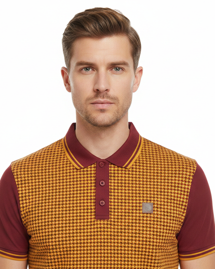Male model wearing burgundy & gold houndstooth Lambretta polo - front