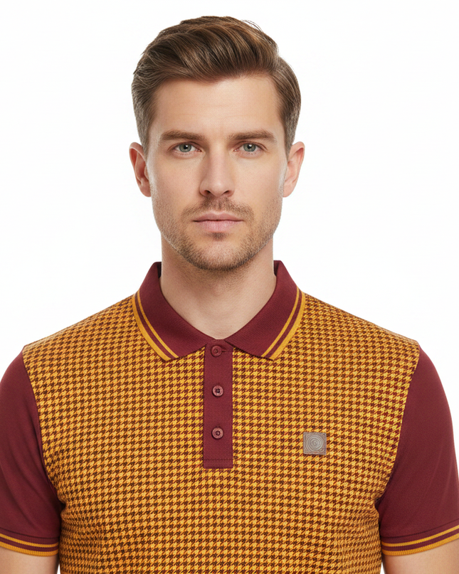 Male model wearing burgundy & gold houndstooth Lambretta polo - front