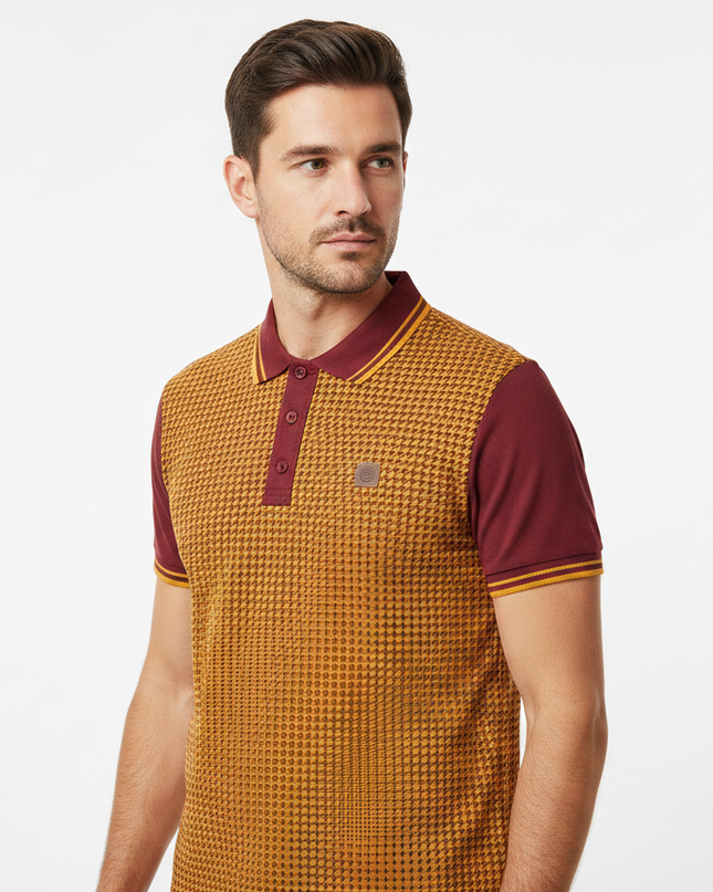 Male model wearing burgundy & gold houndstooth Lambretta polo - side
