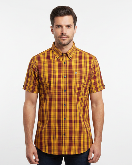 Male model wearing burgundy & gold Lambretta check shirt - front