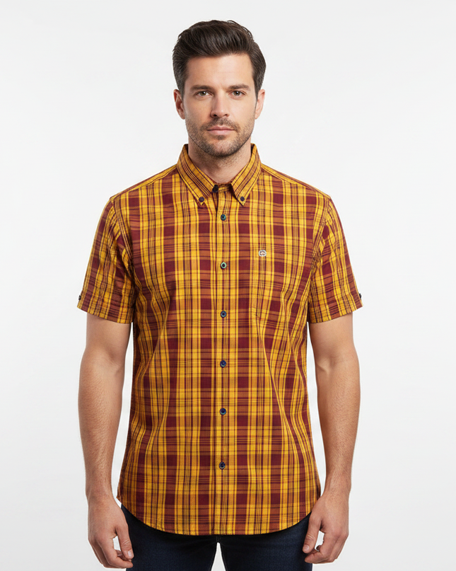 Male model wearing burgundy & gold Lambretta check shirt - front