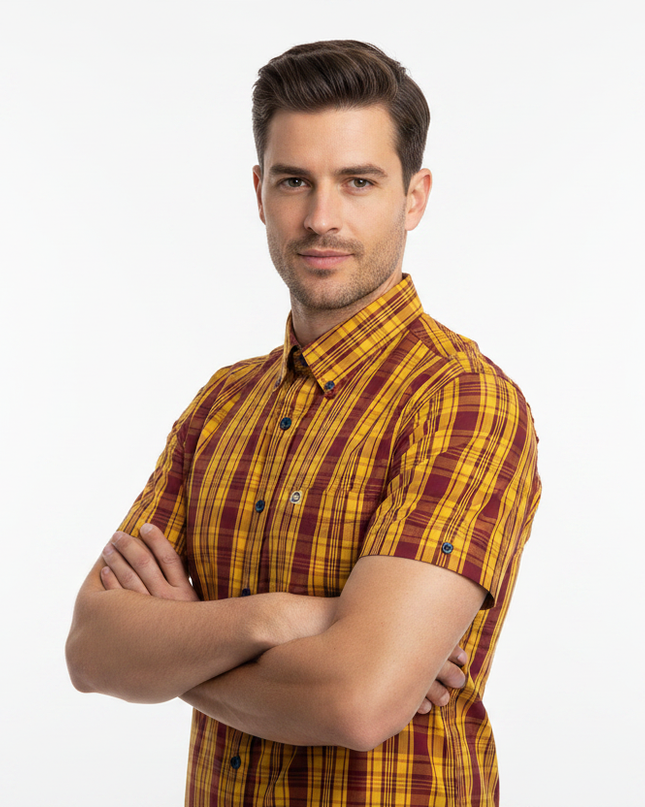 Male model wearing burgundy & gold Lambretta check shirt - side