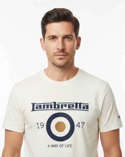 Male model wearing cream Lambretta 1947 tee - front