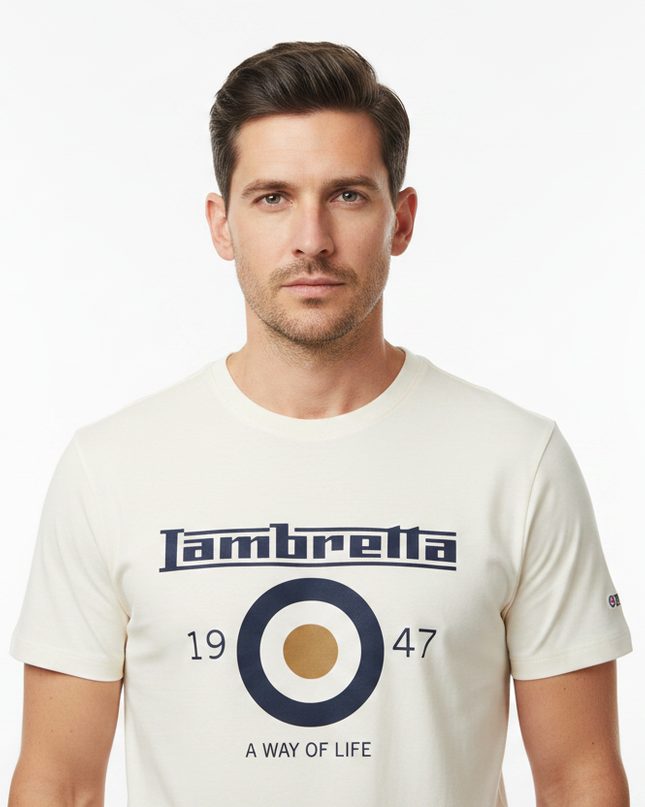 Male model wearing cream Lambretta 1947 tee - front