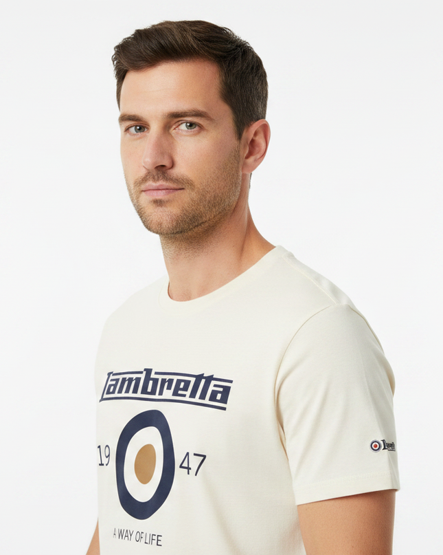 Male model wearing cream Lambretta 1947 tee - side
