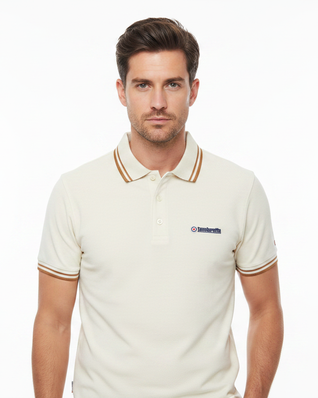 Male model wearing cream & tobacco Lambretta polo - front