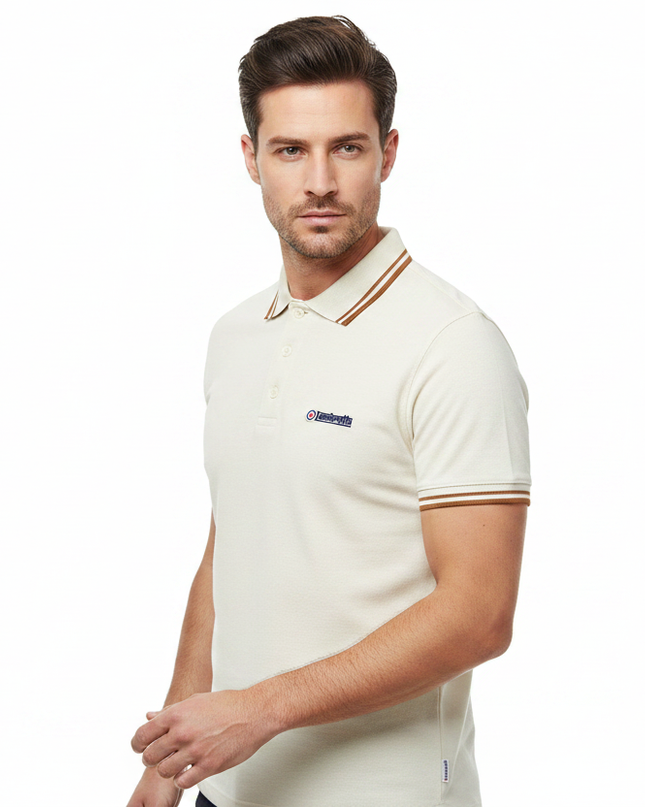 Male model wearing cream & tobacco Lambretta polo - side