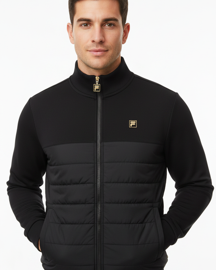 Male model wearing Fila black hybrid quilted jacket