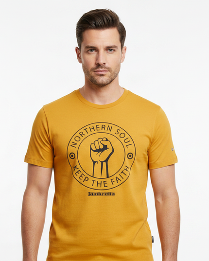 Male model wearing gold Northern Soul Lambretta tee - front