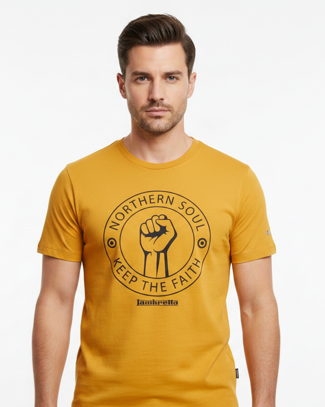 Male model wearing gold Northern Soul Lambretta tee - front