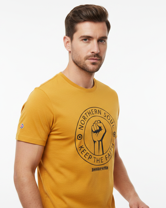 Male model wearing gold Northern Soul Lambretta tee - side