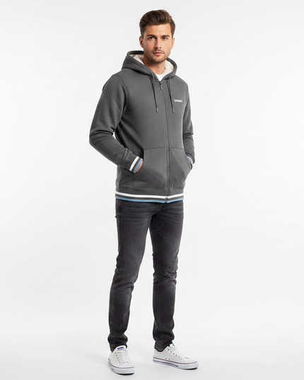 Male model wearing grey Lambretta zip-up hoodie