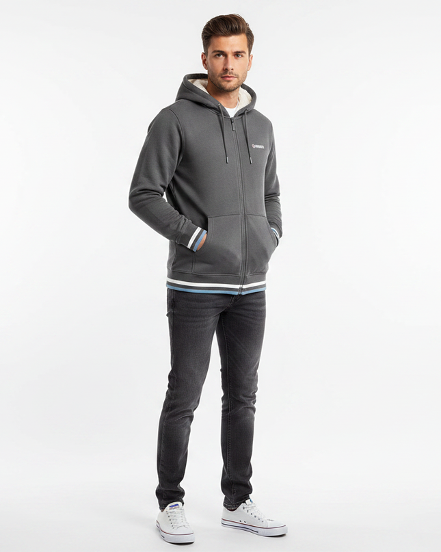Male model wearing grey Lambretta zip-up hoodie