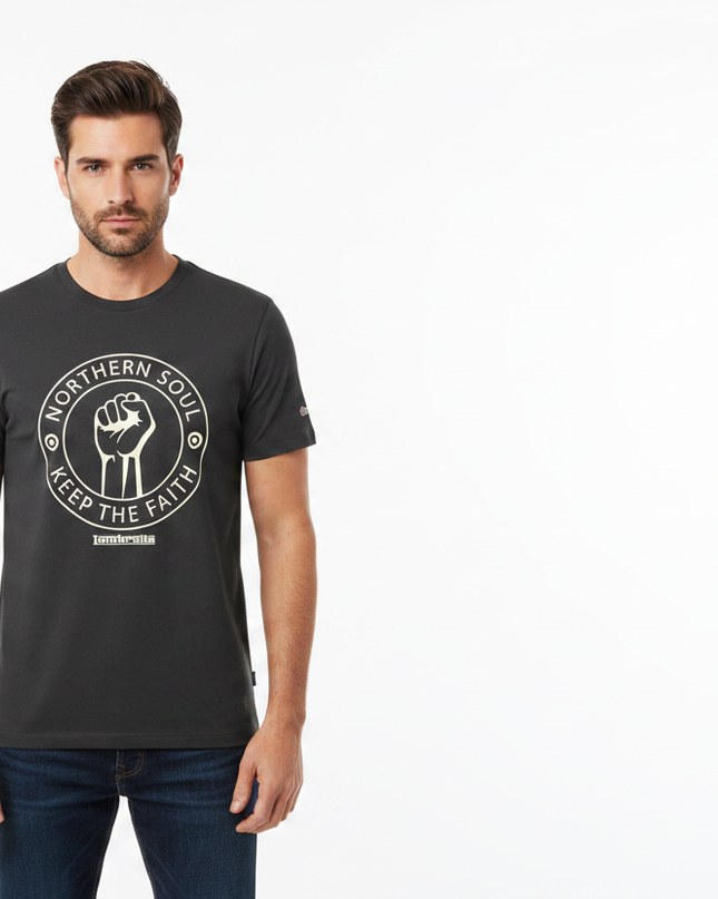 Male model wearing iron grey Northern Soul Lambretta tee - front