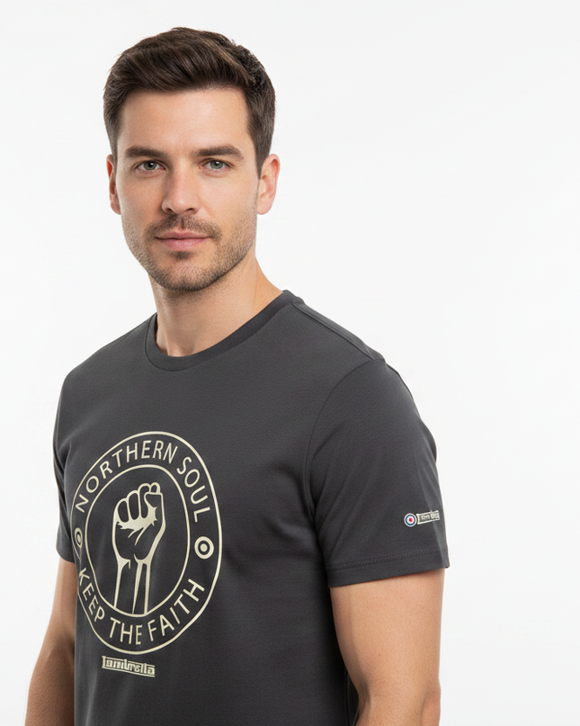 Male model wearing iron grey Northern Soul Lambretta tee - side