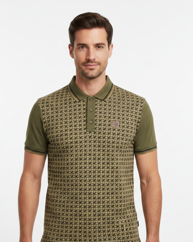 Male model wearing khaki houndstooth Lambretta polo - front