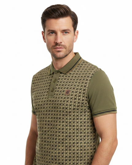 Male model wearing khaki houndstooth Lambretta polo - side