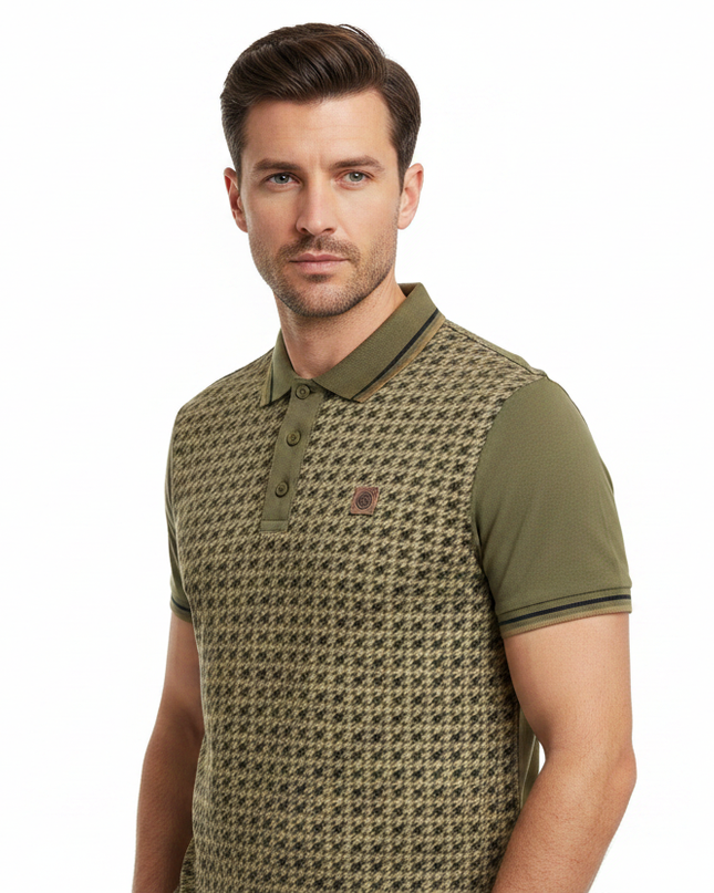 Male model wearing khaki houndstooth Lambretta polo - side