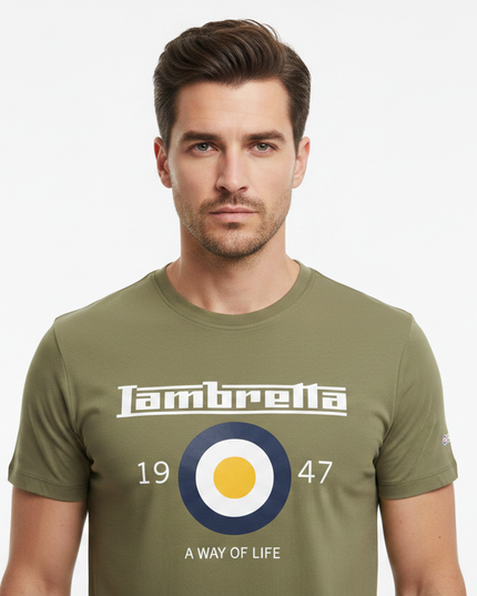 Male model wearing khaki Lambretta Target Tee - front