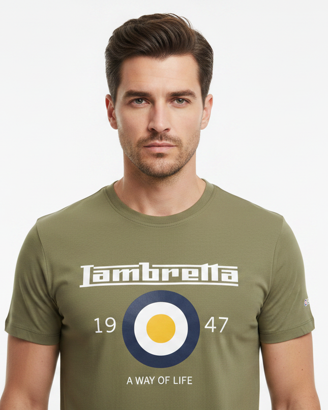 Male model wearing khaki Lambretta Target Tee - front