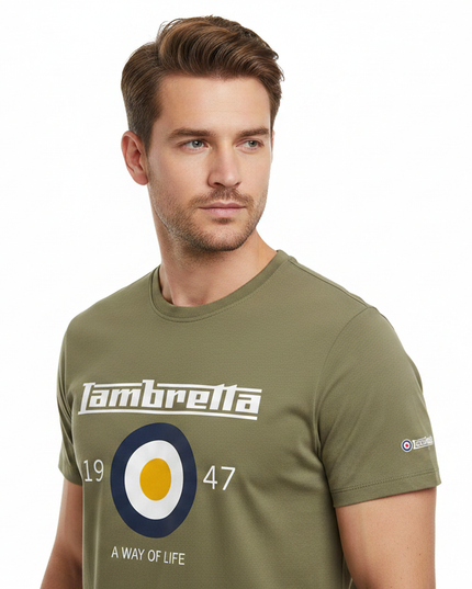 Male model wearing khaki Lambretta Target Tee - side