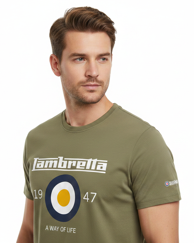 Male model wearing khaki Lambretta Target Tee - side