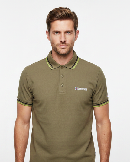 Male model wearing khaki Lambretta twin-tipped polo - front