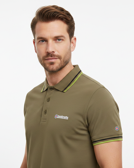 Male model wearing khaki Lambretta twin-tipped polo - side