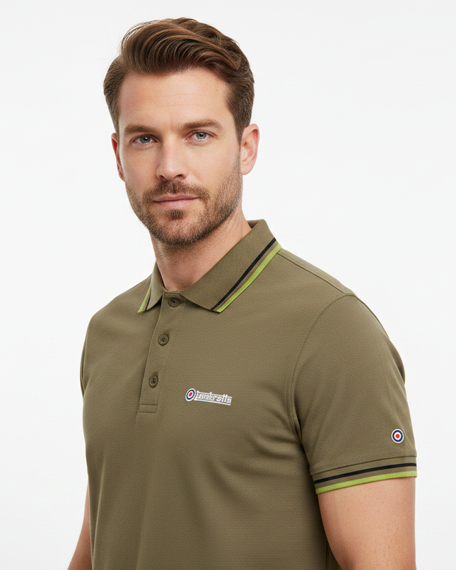 Male model wearing khaki Lambretta twin-tipped polo - side