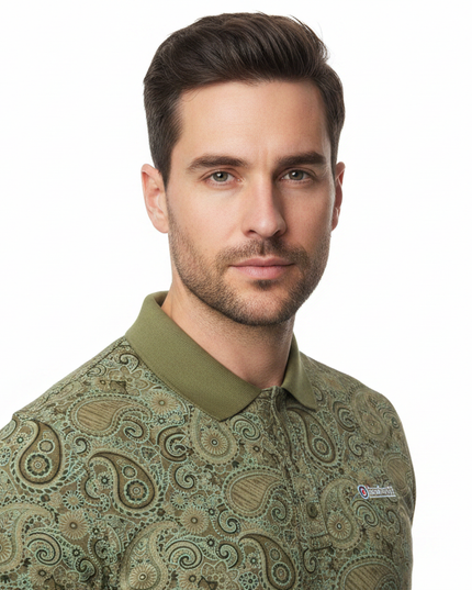 Male model wearing khaki paisley Lambretta polo - front