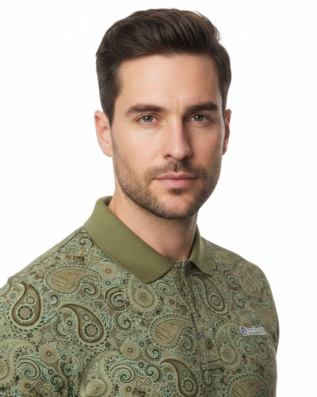 Male model wearing khaki paisley Lambretta polo - front